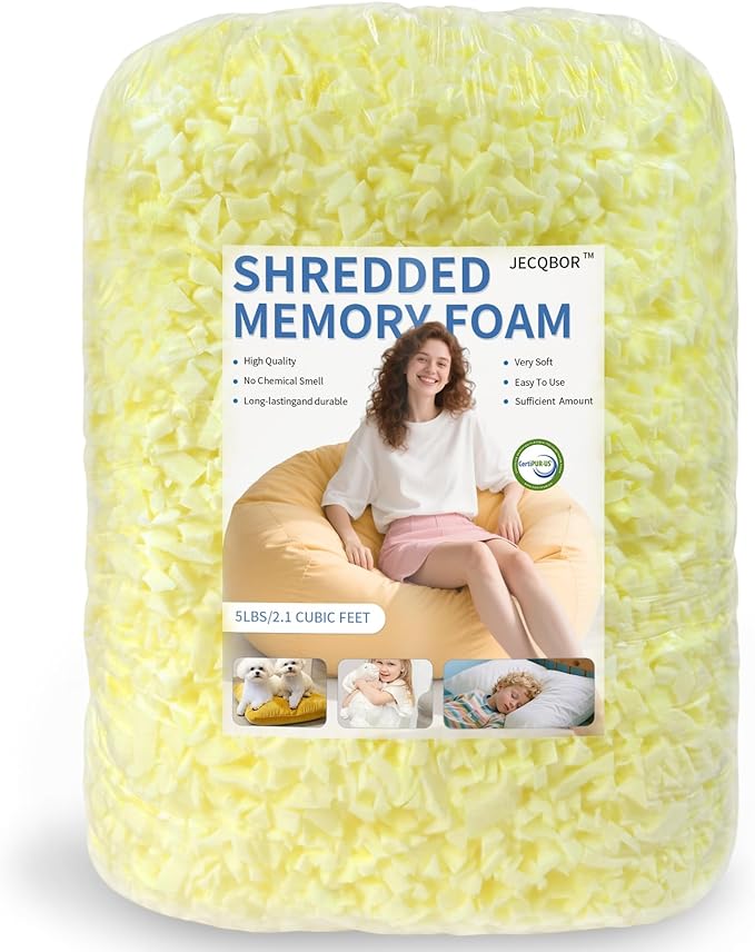 Jecqbor Bean Bag Filler: High-Density Ergonomic 5lbs Shredded Memory Foam Filling with Vacuum-Packed DIY Stuffing for Dog Beds, Punching Pillows & Kids Bean Bag Chair Refills