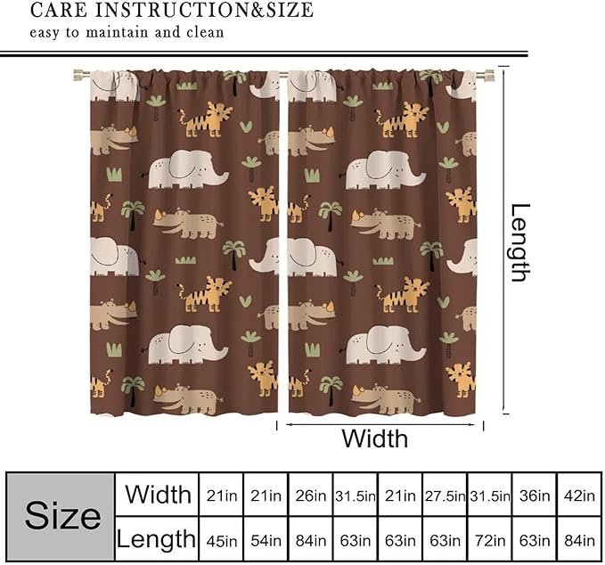 Jungle Safari Animals Blackout Curtains Cartoon Tropical Forest Animals Elephant Tiger Brown Art Print for Kids Boys Bedroom Nursery Rod Pocket Decoration Window Drapes 2 Panels W42xL84in