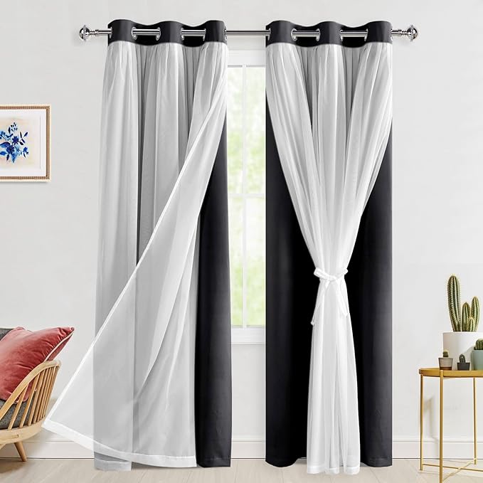 Hiasan Black Blackout Curtains with Sheer 84 Inches Long, Thermal Insulated Mix & Match Double Layer Room Darkening Curtains for Bedroom, Living Room, 2 Window Drape Panels with Tiebacks, 38W X 84L