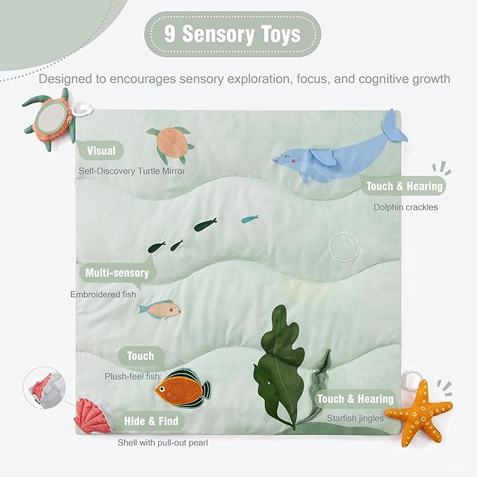 Spirich 9-in-1 Tummy Time Mat, Soft Sensory Mat for Infants, Baby Play Gym Mat with 9 Sensory Toys, Newborn Essentials Shower Gift