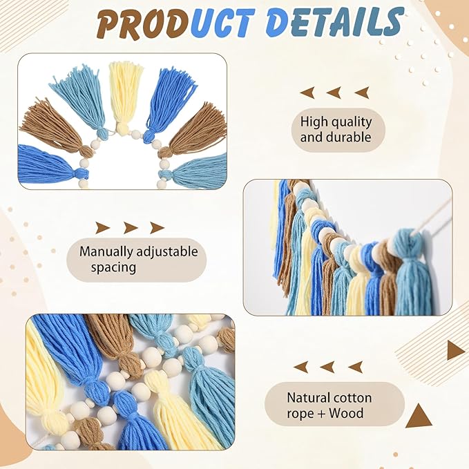 2 Pcs Tassel Garland with Wood Beads, Handmade Cotton Yarn Wall Hanging Banner Boho Tassel Wall Hanging Party Decor for Nursery, Birthday Baby Shower Home Classroom Decoration(Pastel)