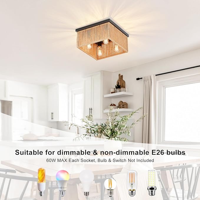 Square 4-Light Rattan Ceiling Light Fixture,12.6"x 12.6" Hand Woven Boho Flush Mount Ceiling Light, Farmhouse Coastal Cage Close to Ceiling Light for Bedroom Nursery Hallway Kitchen Dining Room