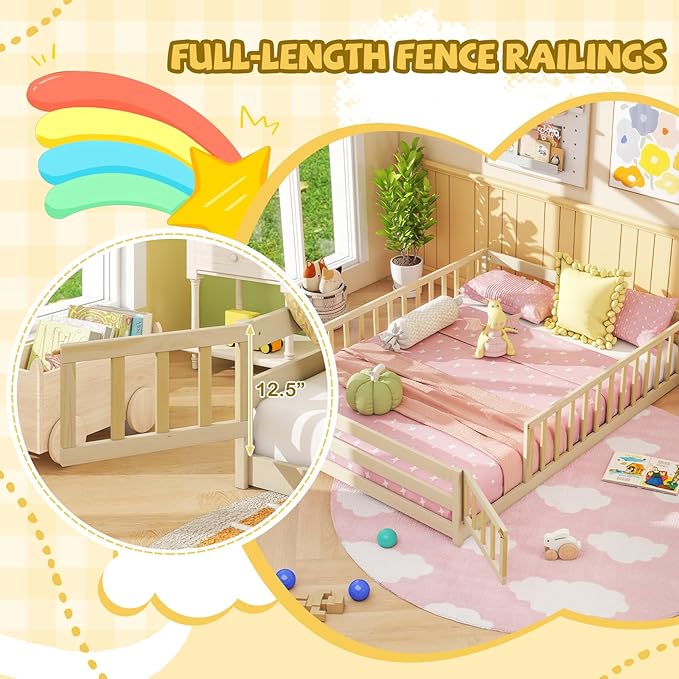 Giantex Full Floor Bed with Door & Fence, Kids Wood Montessori Beds with Safety Guardrails, Floor Bed Twin for Kids, Boys, Girls, No Box Spring Needed, Natural