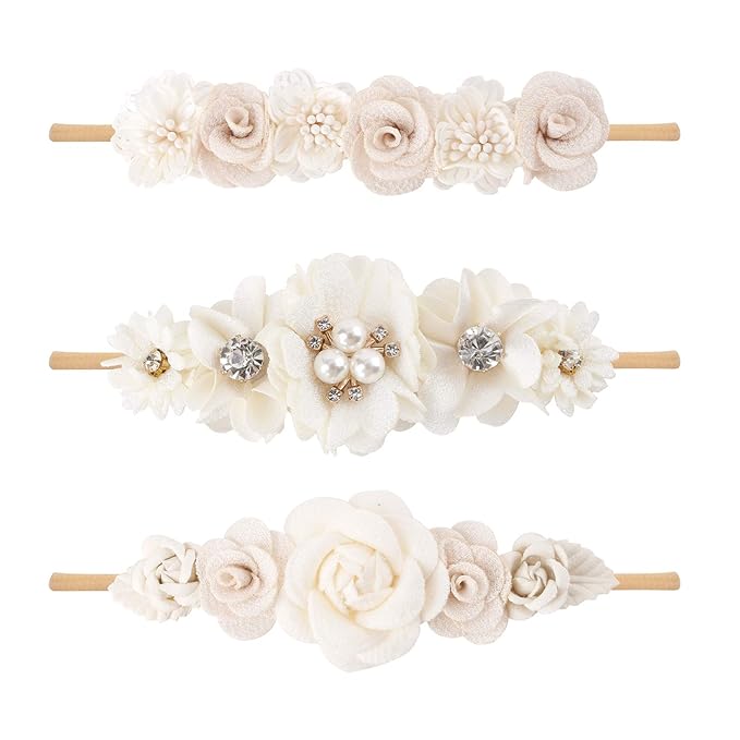 Baby Girl Floral Headband Nylon Flower Crown Elastic Hairband 3pcs Hair Accessories Gift for Girls (30#)
