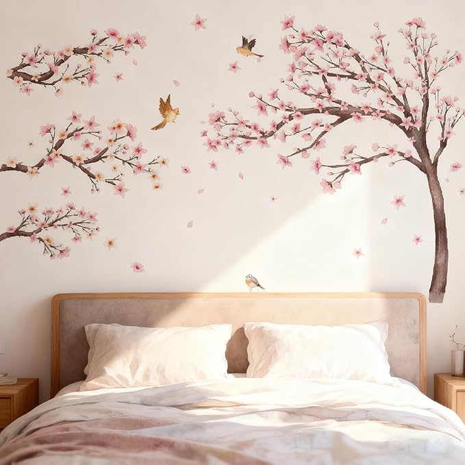 Large Pink Flower Tree Branch Wall Stickers Cherry Blossom Floral Birds Peel and Stick Wall Decals Art for Girls Bedroom Living Room TV Wall Decor