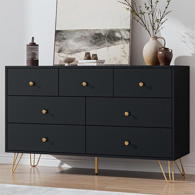Black Dresser for Bedroom, Modern 7 Drawer Dresser with Gold Handles and Metal Legs, Black and Gold Dressers & Chest of Drawers for Hallway, Entryway