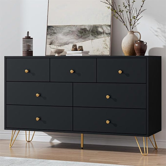 Black Dresser for Bedroom, Modern 7 Drawer Dresser with Gold Handles and Metal Legs, Black and Gold Dressers & Chest of Drawers for Hallway, Entryway