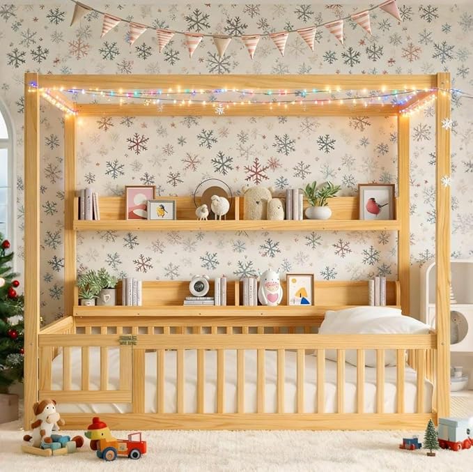 Bellemave Toddlers Full Size Canopy Bed with Fence and Door, Floor Bed with Storage Shelves and 4 Poster Design,Wood Montessori Bed Frame for Kids, Boys,Girls,Space Saving,Easy Assemble（Full,Natural）