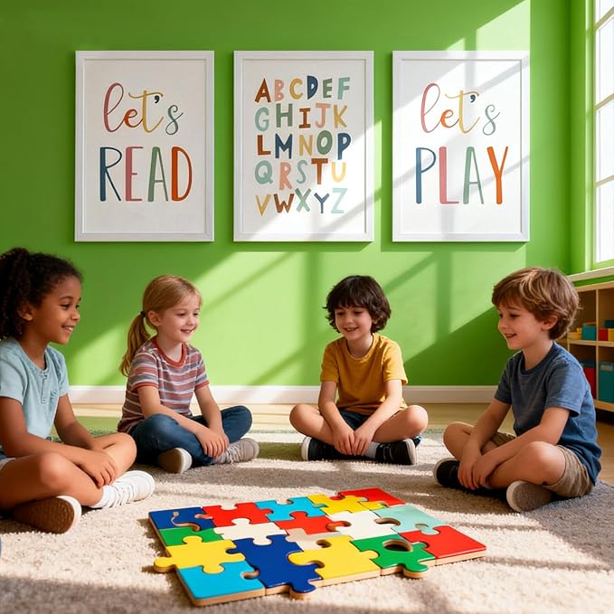 3 PCS Alphabet Framed Playroom Wall Decor,Classroom Must Haves Boho Educational ABC Poster Wooden Sign for Baby Girl Kid Boy Toddlers,Neutral Preschool English Letters Nursery Decor for Homeschool Kindergarten Kids Learning White