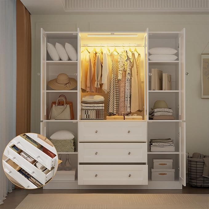 VOWNER 75" Tall Armoire Wardrobe Closet with Drawers and LED, Clothing Storage Cabinet with Glass Doors & Hanging Rod, 6 Doors Wooden Armoire Storage Cabinet for Bedroom (White)