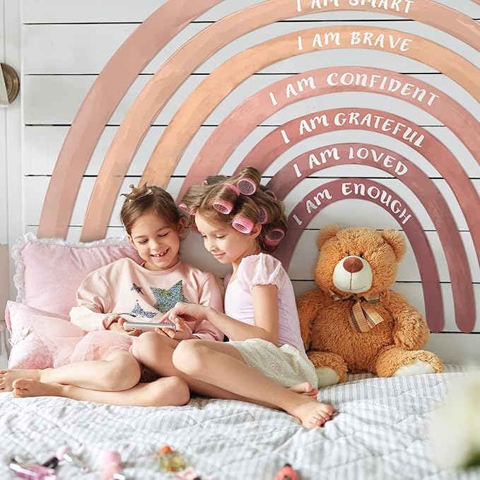Tinideya 76.77x47.24'' Watercolor Large Rainbow Wall Decal Classroom Wall Decor with Inspirational Quote Peel and Stick Stickers Waterproof Wallpaper for Girls Kids Bedroom Nursery Playroom(Boho)