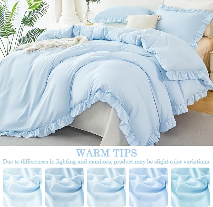 3 Pieces Ruffle Kids Duvet Cover Set Queen Size Light Blue Comforter Cover Sets Shabby Chic Farmhouse Ruffled Bedding Cover Set for Girls Teens(Light Blue, Queen)