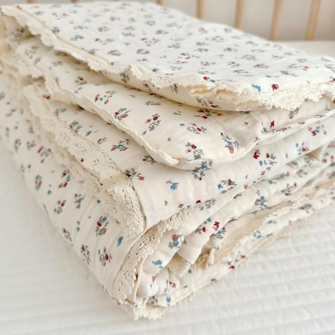 BuLuTu Cotton Muslin Quilted Blanket for Toddler/Twin Bed, Soft Breathable Children Comforter with Lace Edge, Chic Shabby Reversible Floral Quilt, Kids Boys Girls Gauze Cotton Bedding, 60x78 Inches