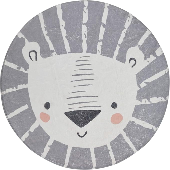 ABREEZE Large Round Kids Play Mat 5.3ft,Lion Nursery Rug Fluffy Faux Wool Kids Rug Soft Plush Non-Slip Childrens Carpet for Bedroom Living Room Playroom,Grey