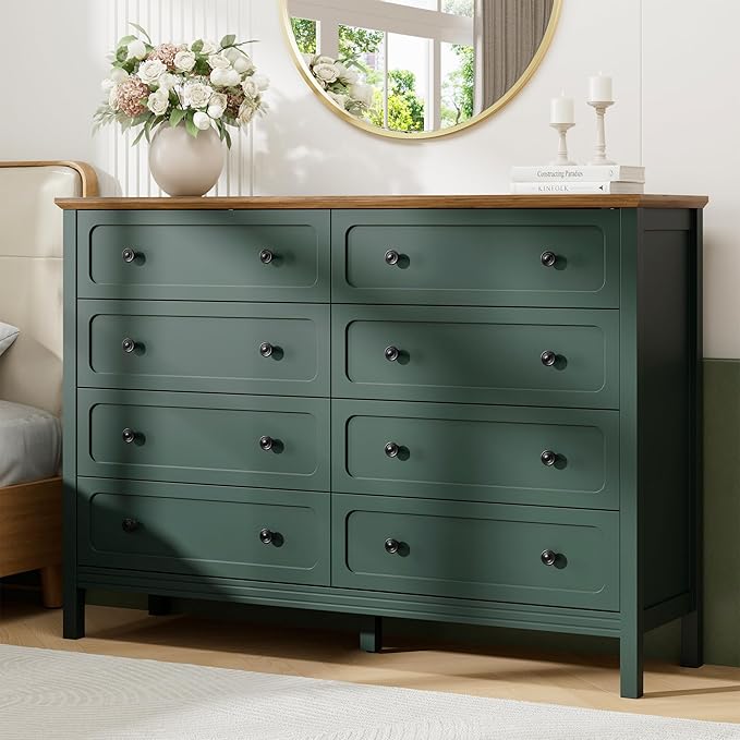 Green Dresser for Bedroom, 8 Drawer Dresser with Metal Handles, 55" Wide Modern Dressers & Chest of Drawers for Living Room, Hallway, Entryway