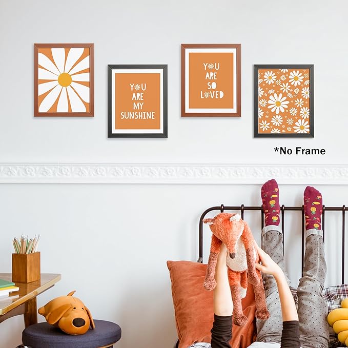 AEHIE Boho Orange Daisy Flower Wall Art Print, You Are My Sunshine Poster for Baby Girls Room Nursery, Bohemian Spring Aesthetic Floral Decor for Home, 4pcs
