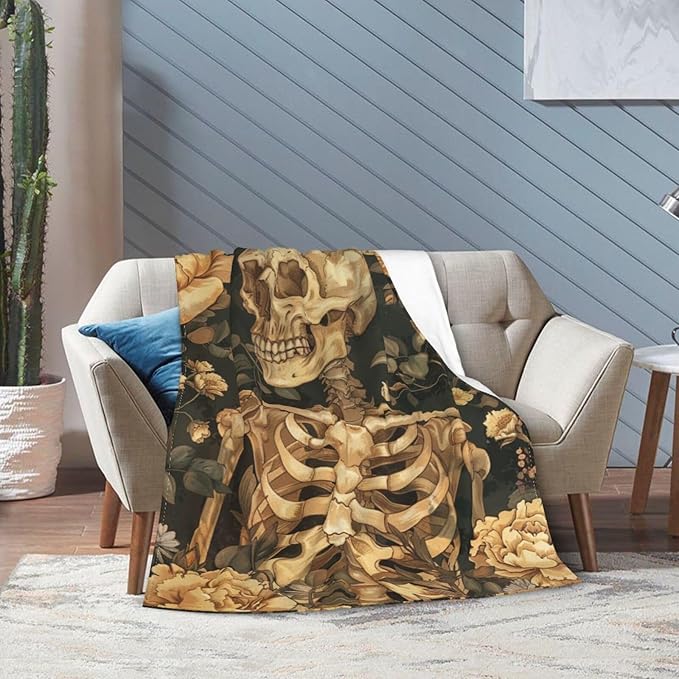 Gothic Skull Blanket Halloween Throw Blanket Spooky Skeleton Bones Flannel Stuff Merch Cozy Decor Fleece Plush Fuzzy Warm Soft Lightweight Bedding Gifts for Women Men Girl Boy Couch 80"X60"