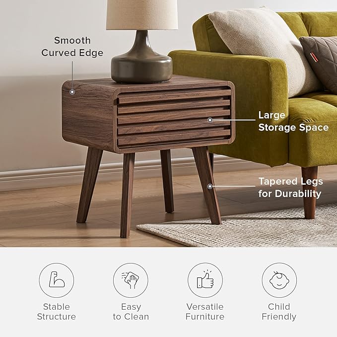 mopio Ensley Mid Century Modern Side Table, Small Accent Tables for Living Room, Mid Century Modern Night Stand, Bedside Tables, Wood Nightstands for Bedroom (Walnut, Set of 2)