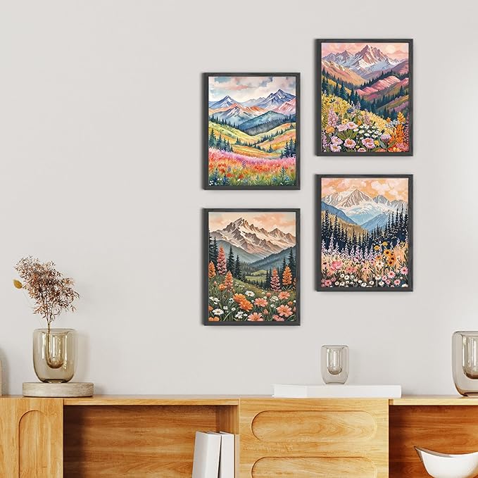 JINYO Boho Abstract Wildflower Mountain Scenery Wall Art Prints Set of 4, Modern Maximalist Colorful Floral Wall Decor Posters Pictures for Home Bedroom Living Room, 8x10 Unframed