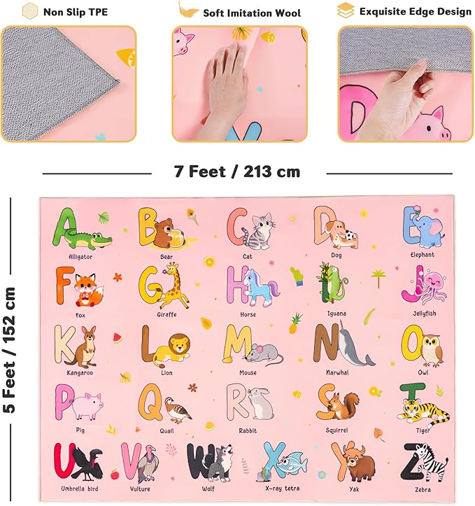 Kids Rugs for Playroom, 5x7 Feet Educational Rug for Learn The ABC Alphabet, Soft Machine Washable Non-Slip Cute Cartoon Animals Carpet for Classroom Toddler Nursery Kids Room Decor, Pink