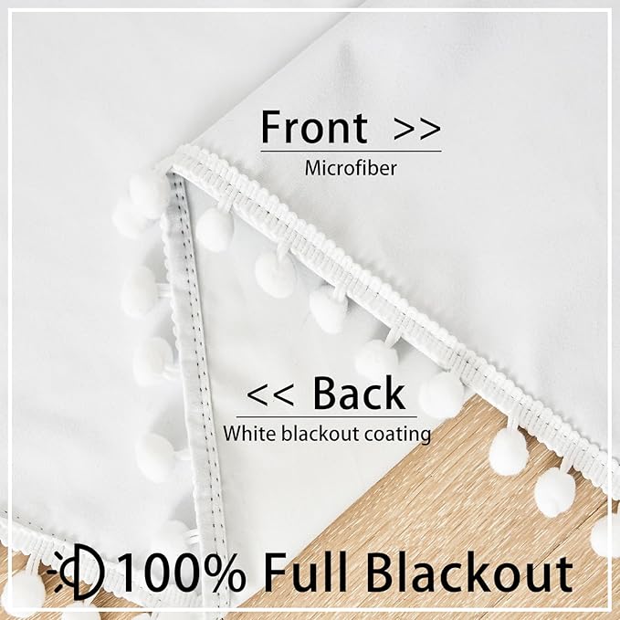 Treatmentex White Blackout Curtains for Living Room Bedroom 90inch Long Pom Pom Curtain Panels for Windows Thermal Insulated Curtains for Kids Nursery Room Rod Pocket 52" W x 2pcs