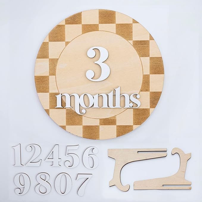 Wooden Baby Monthly Milestone Sign, 1–12 Month Round Photo Prop Set, Checker Pattern Neutral Nursery Decor, Newborn Growth Tracker Keepsake Gift
