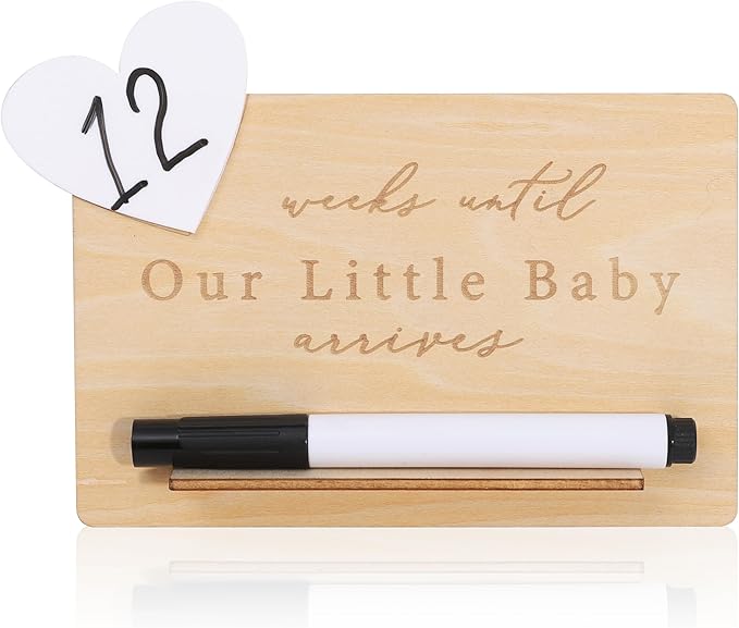 Baby Arrival Countdown Wooden Board - Weeks Until Our Little Baby Arrives Sign,Pregnancy Countdown Dry Erase Board,Newborn Birth Calendar Sign,Mom-to-Be Party Centerpieces Photo Props