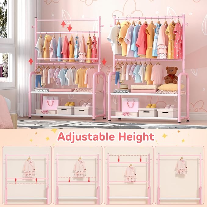 Kids Clothing Rack with 2-Layer Storage Shelf and 2 Adjustable Hanging Rods, Small Baby Closet Organizer for Hanging Clothes, Kids Dress Up Rack for Child (Classic, Pink)