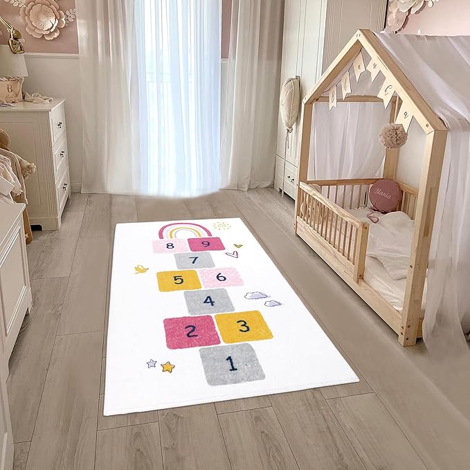 HiiARug Hopscotch Kids Rug 3'x5' Fun and Educational Playroom Rug Soft Durable Rainbow Floor Carpet Kid’s Play Mat for Bedroom, Playroom, Nursery, Gift for Girls & Boys(Colorful)