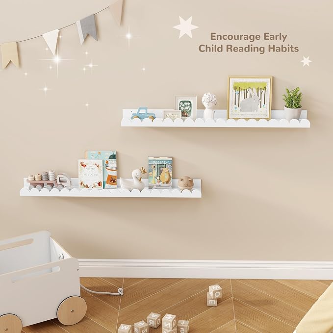 Fun Memories 36 Inch Scalloped Nursery Shelf, White Picture Ledge for Wall, Set of 2, Kids Book Shelves with Floating Design for Kids Rooms, Bedroom