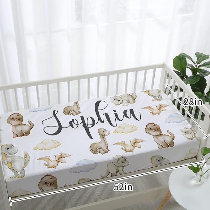Custom Baby Crib Bedding Set - Cute Dinosaur Design Personalized Name Baby Nursery Bedding 3 Pcs Set - Chic Soft Blanket, Fitted Sheet, Room Rug for Newborns Boys Girls Gifts
