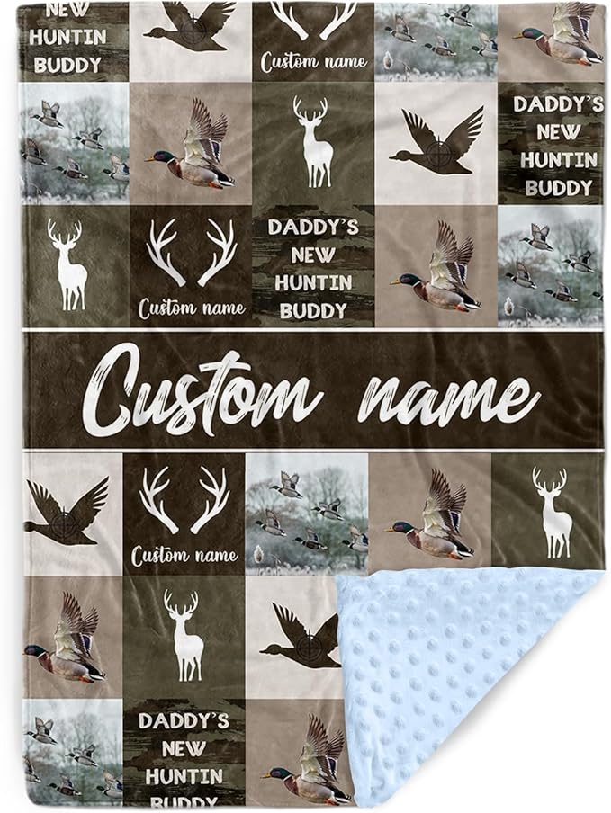Personalized Baby Blanket with Name – Ducks Antlers Pattern Soft Receiving Blanket for Newborn Boys, Custom, Hunting Theme Nursery Decor for Toddlers