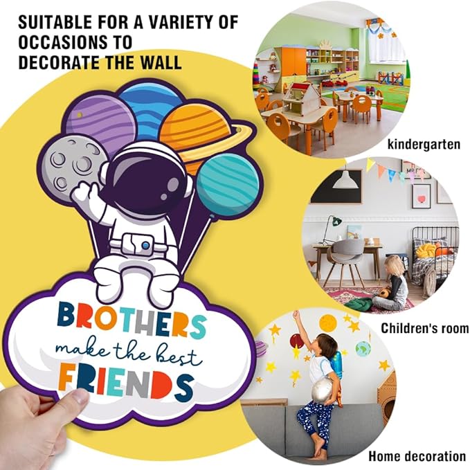 Space Decor for Boys Room Space Themed Bedroom Signs Spacing Astronaut Door Sign Inspirational Quote Brothers Make the Best Friends Hanging Decoration for Boys Room Nursery Playroom Wall Decor