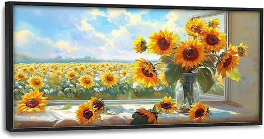 Large Sunflower Wall Art for Living Room, Framed Oversized Flower Field Wall Decor Nature Landscape Canvas Painting Modern Artwork for Living Room Bathroom Bedroom Office Dining Room 60"x30"