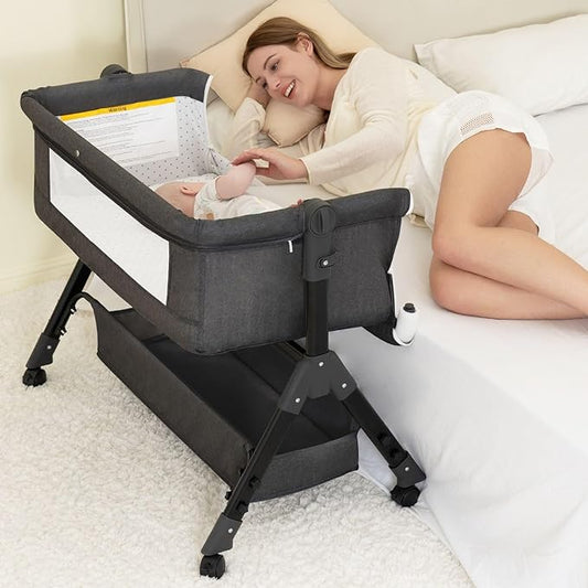 Baby Bassinet, Bedside Bassinet for Baby, 3 in 1 Bassinet Bedside Sleeper with Wheels, Mosquito Net, Adjustable Easy Folding Portable Bed for Infant Newborn (Dark Grey)