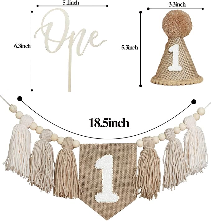 1st Birthday Decorations Boys High Chair Banner With One Cake Topper Brown Conical Hat For First Party