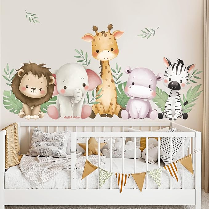 SHUCHING Watercolor Jungle Animal Wall Decals Peel and Stick, Vinyl Safari Giraffe Lion Elephant Wall Sticker, Wall Decor Art for Nursery Baby Playroom Kids Bedroom