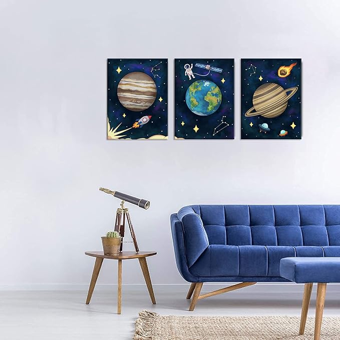 iHAPPYWALL 3 Pieces Outer Space Canvas Wall Art Abstract Universe Planet Jupiter Saturn Earth Painting for Boys Kids Room Bedromm Wall Decoration Ready to Hang 12x16inchx3pcs