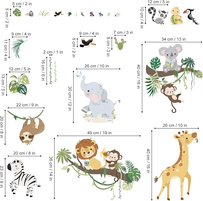 decalmile Jungle Animals Tree Branch Wall Decals Safari Monkey Giraffe Lion Wall Stickers Baby Nursery Kids Room Daycare Wall Decor
