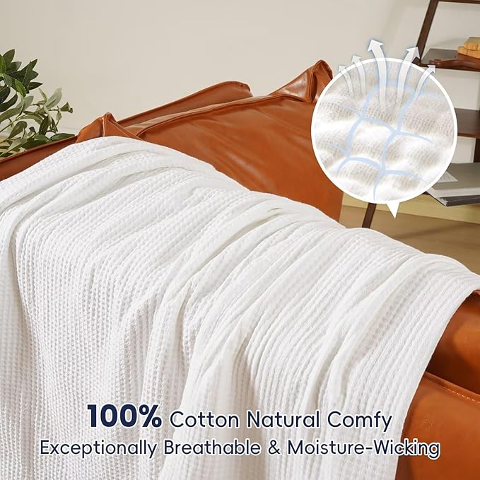 PHF 100% Cotton Waffle Muslin Blanket King Size, 104" x 90" Lightweight and Breathable Washed Cotton Blanket, Aesthetic Soft Muslin Waffle Bedding for Sofa Bed Home Decor, White