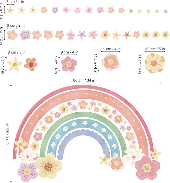 wondever Large Rainbow Wall Decals Colorful Boho Flower Peel and Stick Wall Art Stickers for Girls Bedroom Kids Room Baby Nursery
