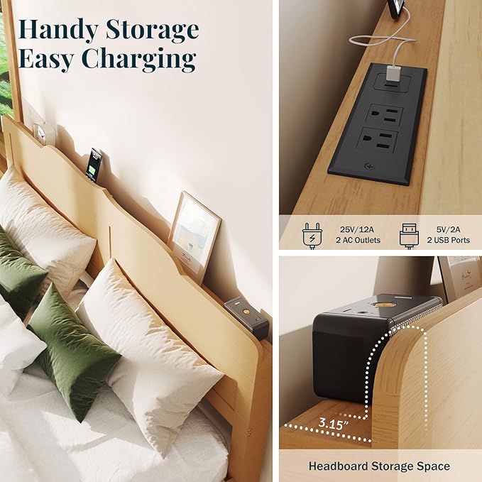 King Bed Frame and Headboard, Wooden Platform Bed with Wood Slats Support, Modern Bed Frame with Storage&Charging Station, No Box Spring Needed, Easy Assembly, Noise Free, Natural
