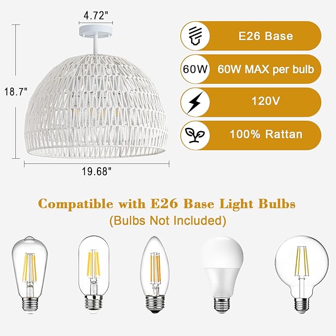 Rattan Ceiling Light Fixture, 4-Light Boho Semi Flush Mount Ceiling Light, 20" Wicker Light Fixture with Handmade Woven Cage Lampshade, Rattan Chandelier for Bedroom Hallway Nursery Kitchen Farmhouse