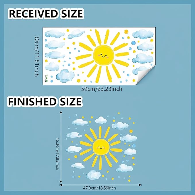 Large Watercolor Sun Cloud Wall Stickers Decals, Vibrant Easy Peel Stick Lovely Smile Face Design for Nursery Classroom Kids Room Playroom Toddler Church Daycare Decor