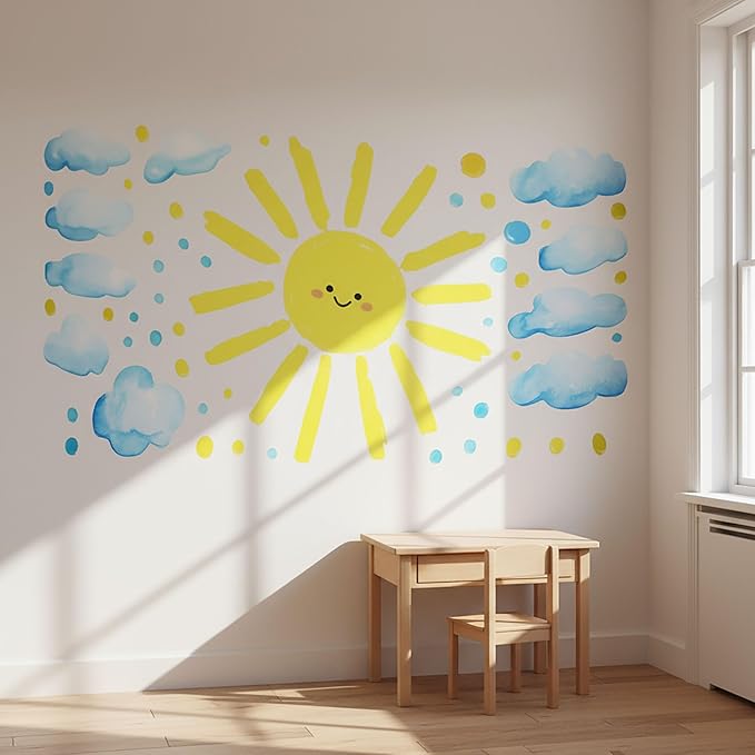 Large Watercolor Sun Cloud Wall Stickers Decals, Vibrant Easy Peel Stick Lovely Smile Face Design for Nursery Classroom Kids Room Playroom Toddler Church Daycare Decor