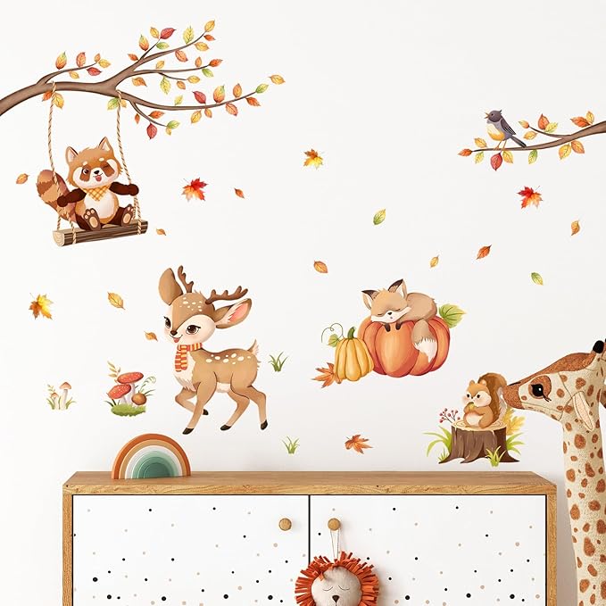 Tanlaby Woodland Animals Wall Stickers Autumn Maple Leaves Wall Decals Forest Cartoon Animal Deer Fox Sticker Peel and Stick Fall Art Decor for Baby Nursery Kids Bedroom Playroom Daycare Classroom