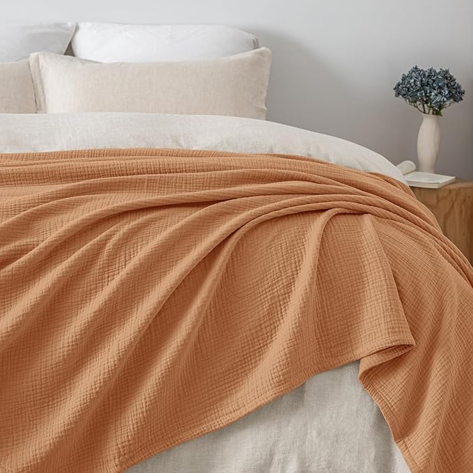 PHF 100% Cotton Muslin Blanket Twin XL Size 66"x90", 4-Layer Lightweight Gauze Throw, Breathable Cloud-Soft Minimalist Blanket for Bed, Couch, Camping & Baby, Caramel, Ideal Gift