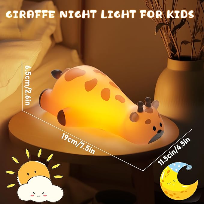 Cute Giraffe Night Light for Kids，3-Level Dimmable Nursery Nightlight, Silicone Squishy Light Up , Rechargeable Touch Control Nursery Bedside Light, Christmas Gift for Baby Toddler grandkids Room