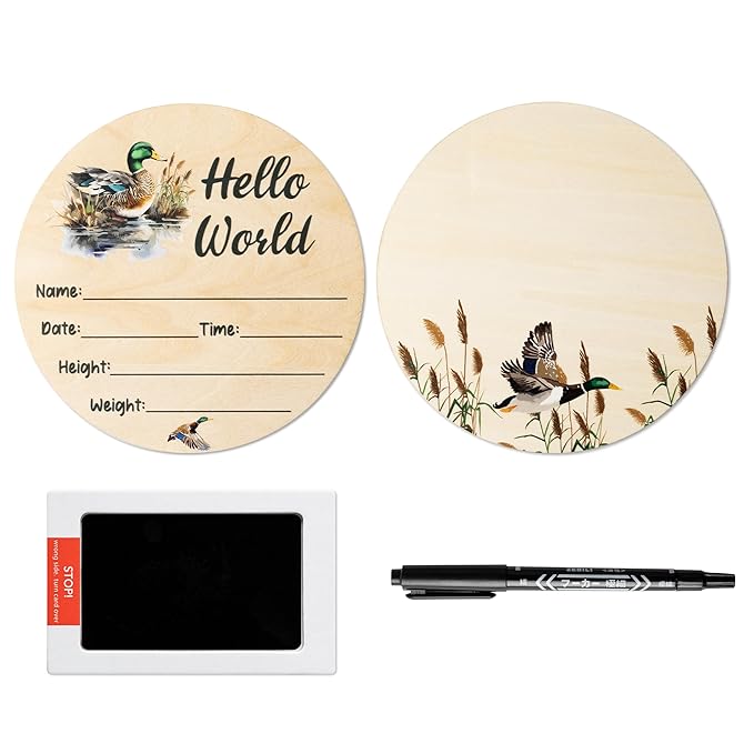 R HORSE Baby Birth Announcement Sign with Marker Pen, Mallard Duck Baby Name Sign with Ink Pad for Hand and Footprints, Wooden Hello World Newborn Announcement Nursery Decor Keepsake Gifts