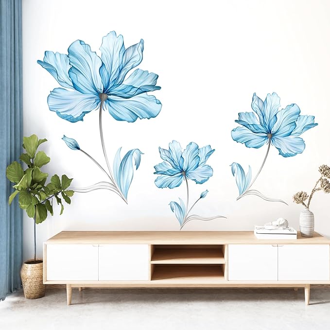 Tanlaby Large Blue Flowers Wall Stickers Transparent Watercolor Floral Wall Decals Peel and Stick Art Decor for Girls Bedroom Living Room Office Sofa Backdrop